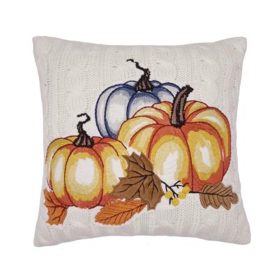 China Wholesale Decorative Jacquard Knit Embroidery Pumpkin Applique Leaves With Seasonal Pompom Cushion Pillow Cover For Harvest for sale