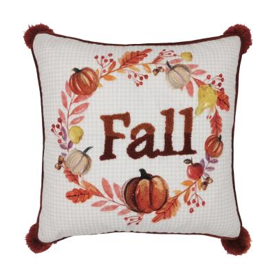 China Wholesale Simple Embroidery Fall Pumpkin Print Orange Stripe With Pompom Decorative Square Seasonal Cushion Pillow Cover For Harvest for sale