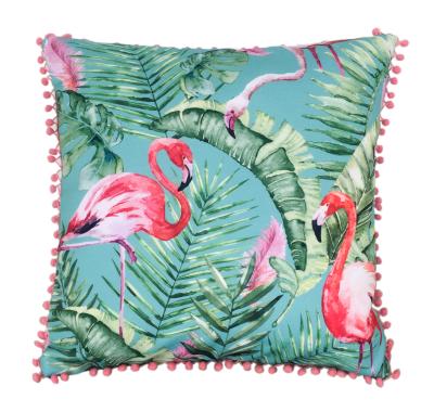 China Wholesale Flamingo Print Flamingo Tropical Leaves With Pompom Cushion Pillow For Outdoor for sale