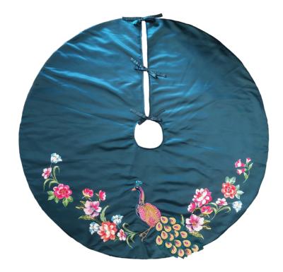 China Decorative Satin Print Blue Peacock Floral Embroidery Peacock Peacock With 3D Tail Tree Skirt For Christmas for sale