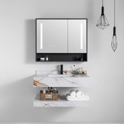 China 2022 New Design Modern Rock Stone Style Hotel Basin LED Mirror Bathroom Cabinet One Piece Set for sale