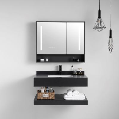 China Modern Hot Selling Bathroom Cabinet With Wall Mounted Rock Slate Top Basin Vanity With LED Mirror for sale