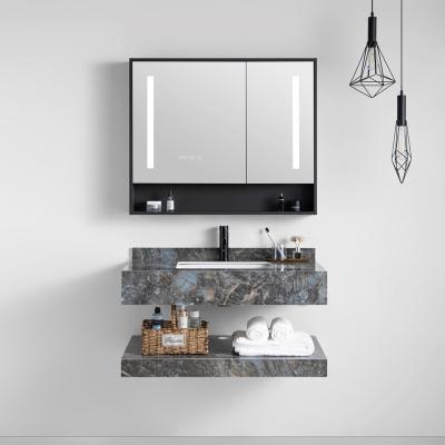 China 2022 New Design Modern Rock Stone Style Hotel Basin LED Mirror One Piece Bathroom Cabinet for sale