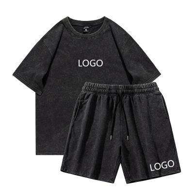 China Breathable High Quality Custom Premium Heavyweight 250gsm 100% Cotton Plain Blank Men Vintage Acid Wash T Shirt And Shorts Set for sale