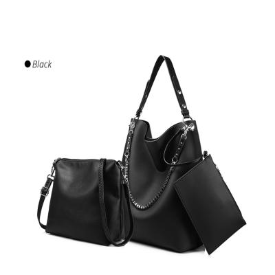 China High Quality Eco-friendly Genuine Leather Black Women Handbag Set 3 Pcs Large Capacity Tote Bags for sale