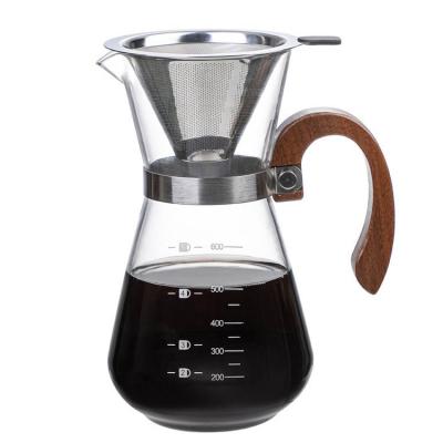 China Hot Selling Viable 600ml V60 Carafe Drip Coffee Pot With Wooden Handle Can Be Used With Filters for sale