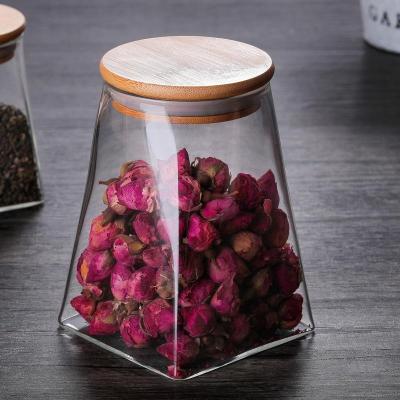 China 2023 New Steamable 350ml Clear Glass Airtight Storage Eco-friendly Square Food Jars Container Canisters With Bamboo Lids For Home Kitchen for sale