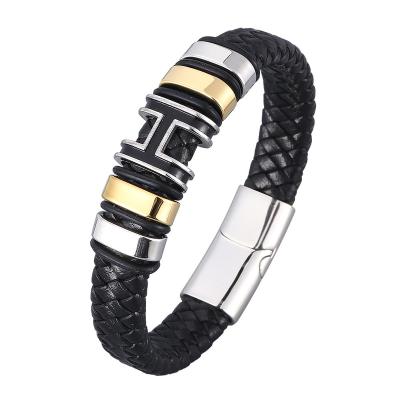 China 2022 FASHION new arrive genuine braided leather bracelet for men stainless steel magnet clasp H charm woven bracelet for sale