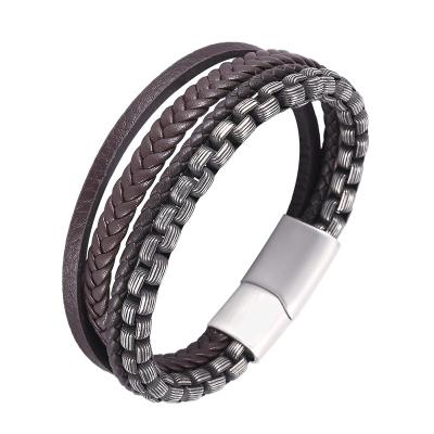 China Amazon FASHION Hot Selling Men's Stainless Steel Bracelets Chain With Magnetic Clasp Popular Cowhide Multilayer Braided Leather Bracelet for sale