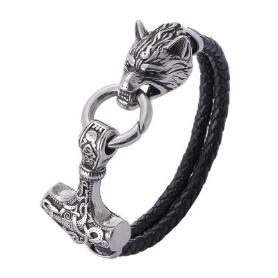 China Amazon Wolf Clasp Leather Bangle Vintage Stainless Steel Bracelet FASHION Hot Selling Punk Jewelry for sale