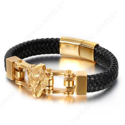 China 2021 Hot Sale Hiphop Fashion Jewelry Design Animal Head Custom Men's Stainless Steel Factory Leather Bracelet for sale