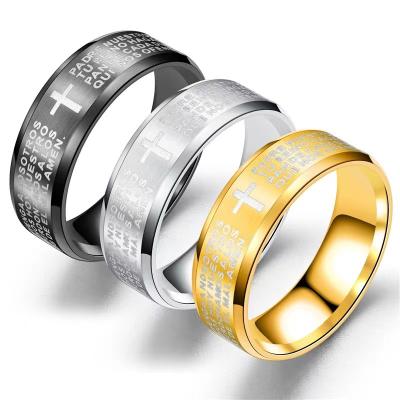 China Lord's Prayer Couples Cross Ring Stainless Steel Ring Christian Bible Jesus Spanish Custom Religious TRENDY for sale