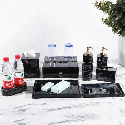 China Custom Luxury Ceramic Hotel Pump Bathroom Amenities Exquisite Disposable Hotel Amenities Five Separate Empty Resin Shampoo Bottle Bathroom Set for sale