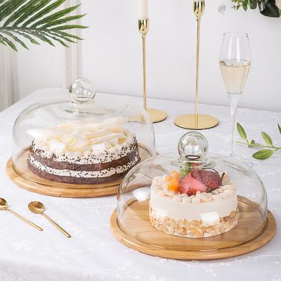 China Viable Creative Transparent Dustproof Cake Tray Glass Cover With Bamboo Cake Glass Cover Food Cover And Wooden Tray for sale