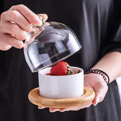 China Viable Ice Cream Bowl Salad Bread Bowl Pudding Cup Ceramic Dessert Dish With Glass Lid Bamboo Tray for sale