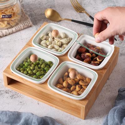 China Nordic Ceramic Cover Bamboo Bottom Glass Bowl Fruit Snack Tray For Living Room Tableware Ceramic Dish for sale