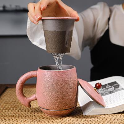 China 380ml Ceramic Pottery Mug Retro Office Tea Cup Viable Separation Raw Filtration With Lid Gift Box for sale