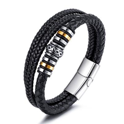 China Custom New Fashion Black Silver Magnetic Buckle CLASSIC Three Layer Braided Leather Rope Braided Stainless Steel Bracelet For Men for sale