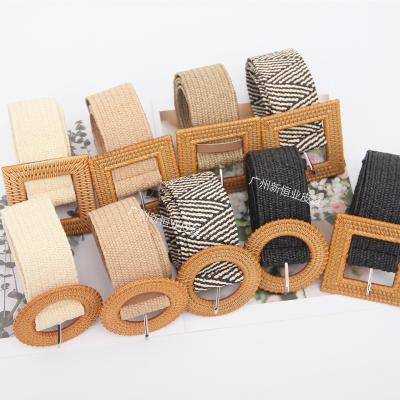 China Fashion.Casual Factory Wholesale Bohemian Belt Square Around Pin PP Grass Buckle Woven Belt For Ladies for sale