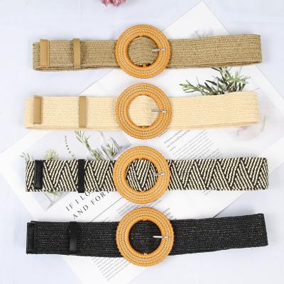 China Wholesale Bohemian PP Grass Factory Belt Square Around Pin PP Grass Buckle Woven Belt For Ladies for sale