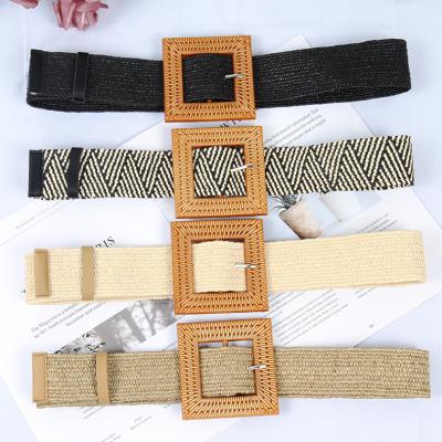 China PP Grass Belt 2022 New High Quality Bohemian Square Around Pin Buckle Knit Belt Belts For Ladies for sale