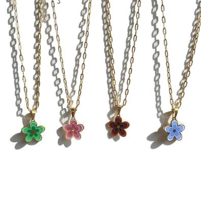 China TRENDY INS Popular Stainless Steel Paperclip Chain Pink Green Enamel Flower Pendant Necklace For Girls Drop Oil Jewelry 2023 for sale