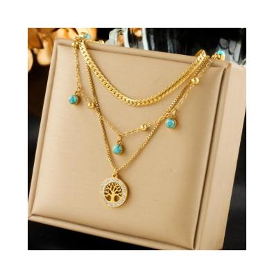 China TRENDY The best quality Multi-layer clavicle chain Tree of life turquoise pendant titanium steel necklace for girl pendant necklace for sale