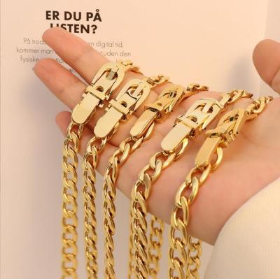 China TRENDY HipHop 18k Gold Plated Stainless Steel Cuban Chain Link Jewelry Sets Bracelet Necklace For Women Bracelet Necklace for sale