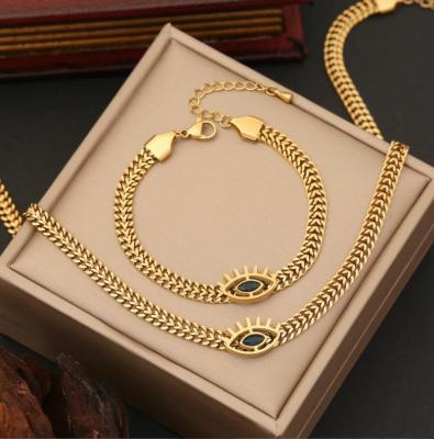 China TRENDY High Quality Adjustable Fashion Flat Chain Stainless Steel Necklace Earrings Eye Chain Gold Plated Bracelet Jewelry Sets for sale