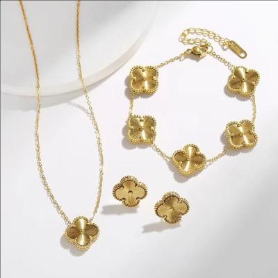 China TRENDY Four-leaf Flower Clavicle Chain Jewelry Sets Fine Jewelry Stainless Steel Necklace Earrings Bracelet Personality Choker for sale