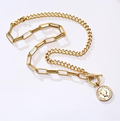 China TRENDY Waterproof 18K Gold Plated Coin Charm Bracelet Stainless Steel Bracelet Stylish Fashion Jewelry Cuban Head Pednat Necklace for sale