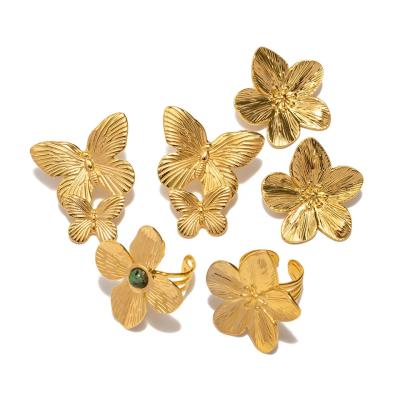 China TRENDY Fashion Rings Stud Earring 18K Gold Stainless Steel Inlaid Green Rings Ladies Fashion All-match Rings Waterproof Not Fade for sale