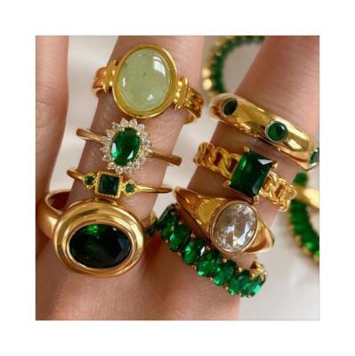 China TRENDY Fashion Rings 18K Gold Stainless Steel Inlaid Green Zircon Rings Ladies Fashion All-match Rings Waterproof Not Fade for sale