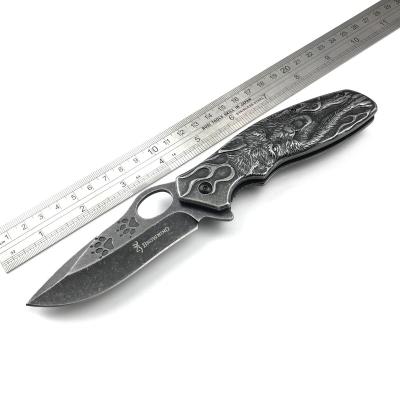 China Thumb Button Wolf Pattern Stainless Steel Tactical Pocket Folding Knife for sale