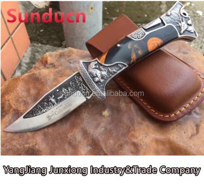 China Hunting Knife 7Cr13Mov Stainless Steel Carving Blade Resin Handle Folding Blade Tactical Knife With Leather Sheath Pocket Clip for sale