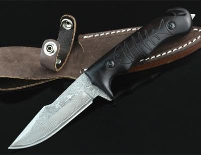 China Hunting Knife Damascus Blade Black Wooden Handle Steel Fixed Blade Gather Hunting Bowie Knife With Leather Sheath for sale