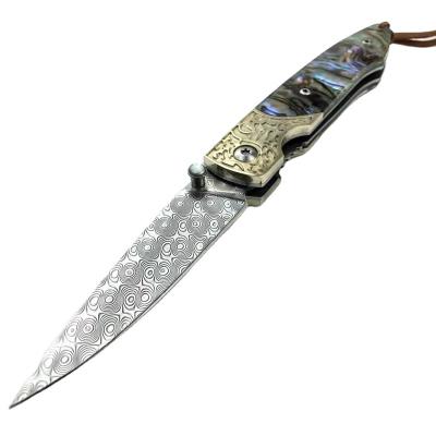 China Wholesale Yangjiang Damascus Pocket Knife Knives Non-variable Natural Shell Handle Steel Folding for sale