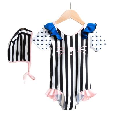 China Breathable Eco-Friendly Black And White Stripes With Pink Design Children's Lace Sun Protection One Piece Swimsuit for sale