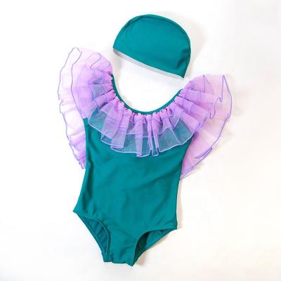 China New Design Breathable Green And Purple Mesh One Piece Swimsuit Girls' One Piece Swimsuit With Mesh for sale