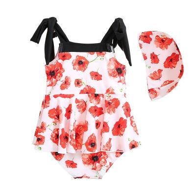 China New Design Small Red Flower Printing Girls One Piece Swimsuit Eco-friendly Sun Protection One Piece Swimsuit for sale