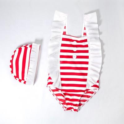 China New Design Solid Color Breathable Stripes With Lace Kids One Piece Swimsuit for sale