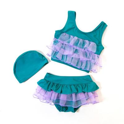 China Factory Hot Sale Eco-friendly Green With Purple Mesh Split Swimsuit Girls Swimwear Suit for sale