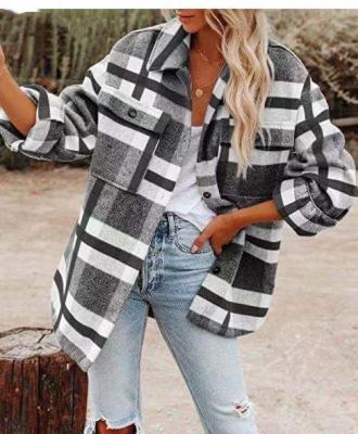 China 2021 Winter Women Long Sleeve Flannel Blouse Gray Color Button Fly Fashion Coat White Plaid Jacket Anti-pilling Oversized Shirt for sale