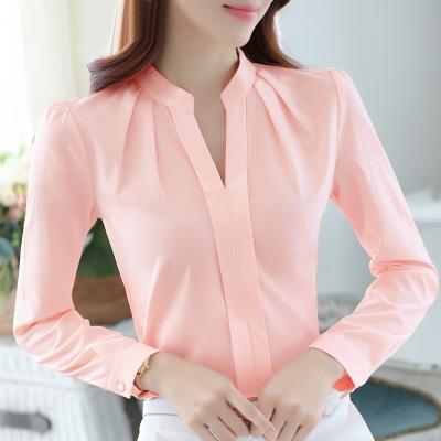 China Anti-Wrinkle 2022 Spring Office Shirts Ladies Chiffon Shirt V Collar Women Long Sleeve Slim Fit Elegant Comic Female Neck White Shirts for sale