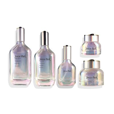 China Luxury High-end Customization Style Fashion Printing Glass Lotion Bottle High-end Glass Cream Jars Cosmetics Packing Set for sale