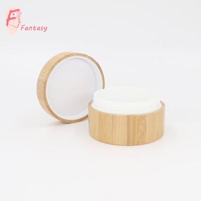 China Cosmetic cream container made in china best quality cosmetic jar 10g 30g 50g 100g bamboo white plastic jar inner with full bamboo cover for sale