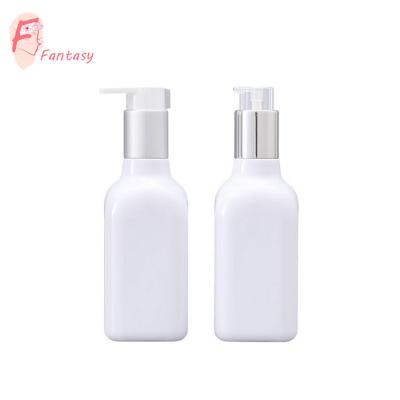 China Eco-friendly Skin Care 200ml Personal Packaging PET White Square Pump Bottle With Silver Pump For Lotion for sale