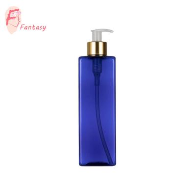 China Eco-friendly Fancy Square Bottle 250ml 500ml Lotion Shopping Shampoo Pump Bottle Blue Hair Wash Bottle With Gold Pump for sale