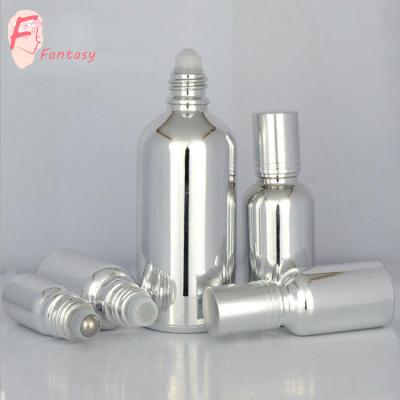 China Essential Oil Silver Glass Bottle Cosmetic High End Silver Glass Roll On Bottles For Perfume , Oil for sale