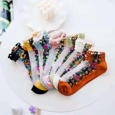 China QUICK DRY Floral Embroidered Thin Women's Glass Transparent Silk Creative Stockings Socks Cotton for sale